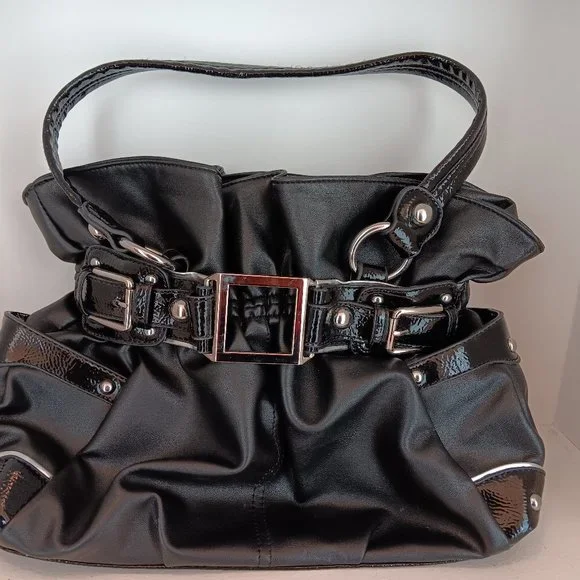 Wilson's Leather Black Cinched Top Shoulder Bag Purse With Silver Buckle - Picture 1 of 5